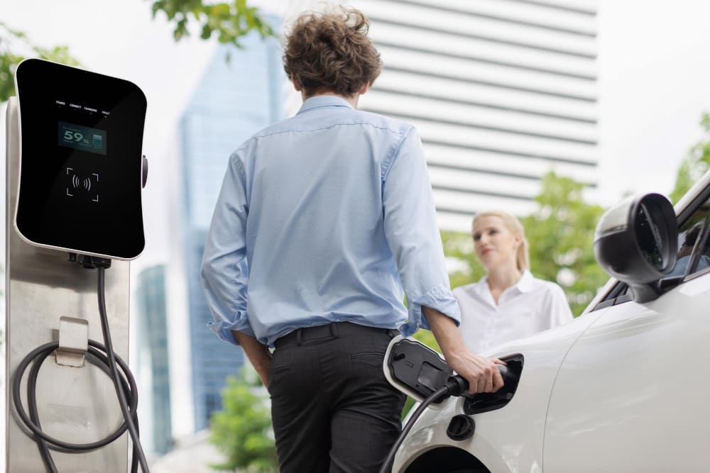 Two people discussing about selling an electric car