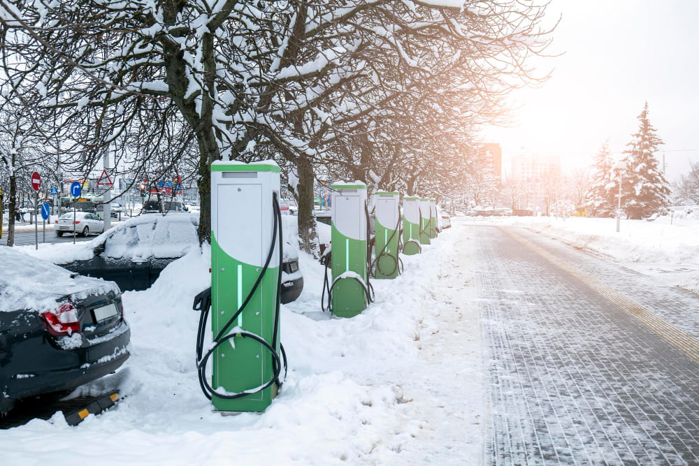 Electric vehicle charging stations in the snow